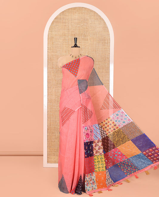 Peach Plain Linen Cotton Saree, Complemented by a Contrast-Colored Triangle on Its Border, Kaleidoscopic-Color Patchwork Pallu, and Paired with a Contrast Blouse