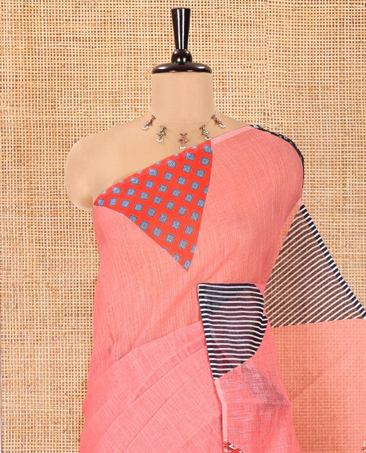 Peach Plain Linen Cotton Saree, Complemented by a Contrast-Colored Triangle on Its Border, Kaleidoscopic-Color Patchwork Pallu, and Paired with a Contrast Blouse