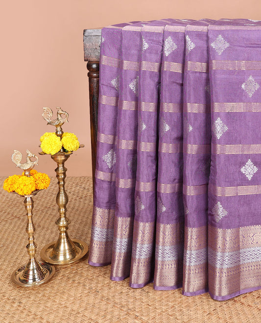 Lavender owven butta , stripes dola silk saree with zari border & chit pallu along with contrast blouse