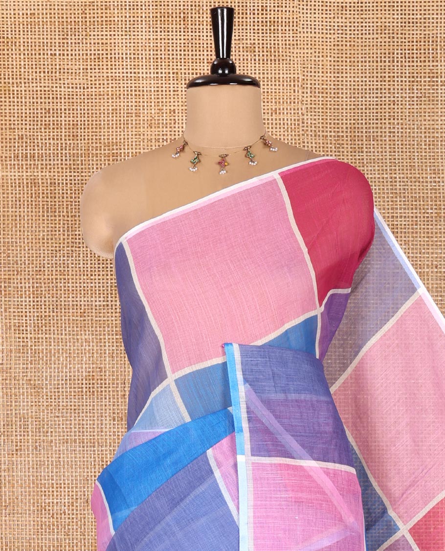 Borderless Multi-color Linen Cotton Saree, Entralled with Big Colorful Solid Checks On Its Body, Self-Pallu of Tassels, and Paired with a Contrast Plain Blouse