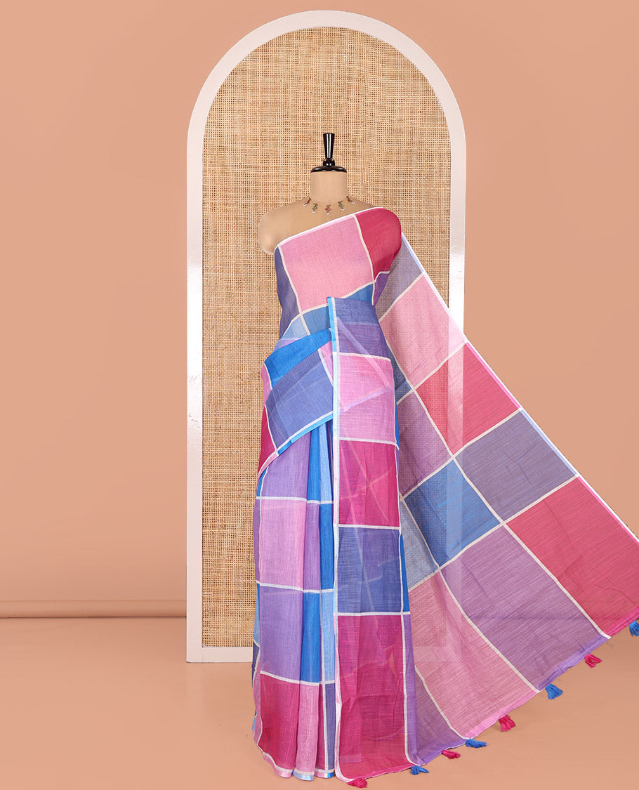 Borderless Multi-color Linen Cotton Saree, Entralled with Big Colorful Solid Checks On Its Body, Self-Pallu of Tassels, and Paired with a Contrast Plain Blouse