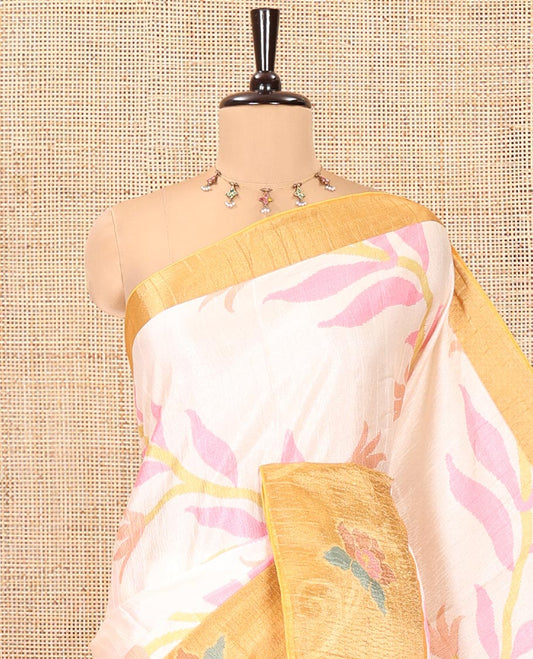 Cream Manipuri Silk Saree, Subtly Sparkled with Pochampally-Style Floral Design on Its Body, Complemented by a Contrast Border of Floral Design, Pallu of Floral Motifs, and Paired with a Contrast Blouse