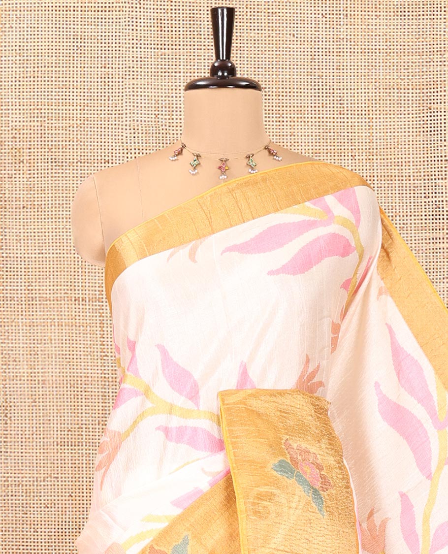 Cream Manipuri Silk Saree, Subtly Sparkled with Pochampally-Style Floral Design on Its Body, Complemented by a Contrast Border of Floral Design, Pallu of Floral Motifs, and Paired with a Contrast Blouse