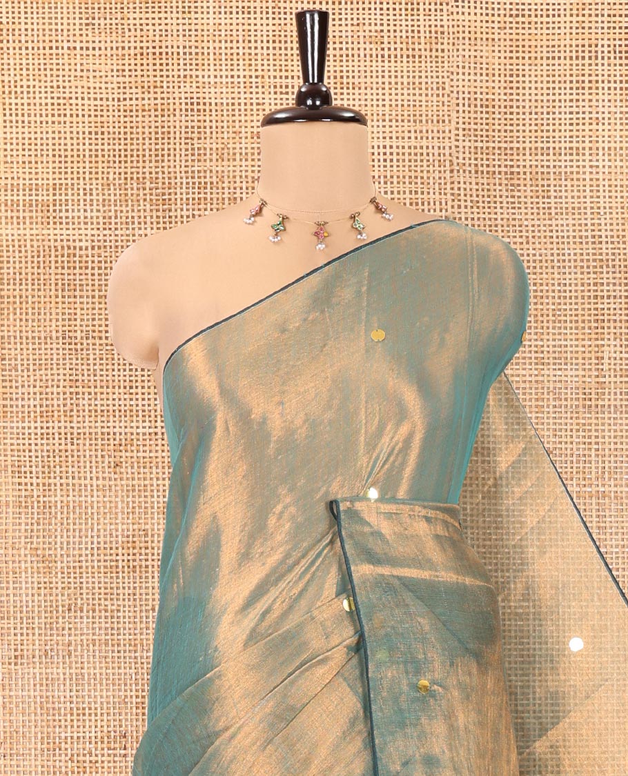 Borderless Olive Khadi Tissue Silk Saree, Accentuated with Sequins On Its Body, a Self-Pallu and Paired with a Matching Blouse
