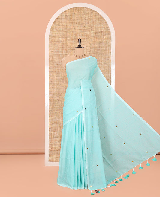 Borderless Sea Green Mul Cotton Saree, Subtly Sparkled With Big Sequins Work On Its Body, a Self-Pallu and Paired with a Matching Blouse