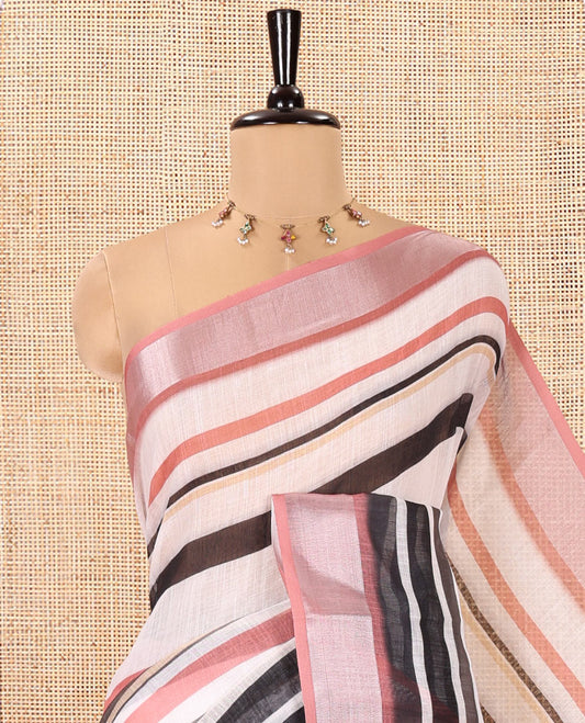White-Onion Pink Linen Cotton Saree Features Horizontal Stripes on Its Body, Complemented by a Contrast Zari Border, Multi-Color Striped Pallu, and Paired with a Contrast Blouse