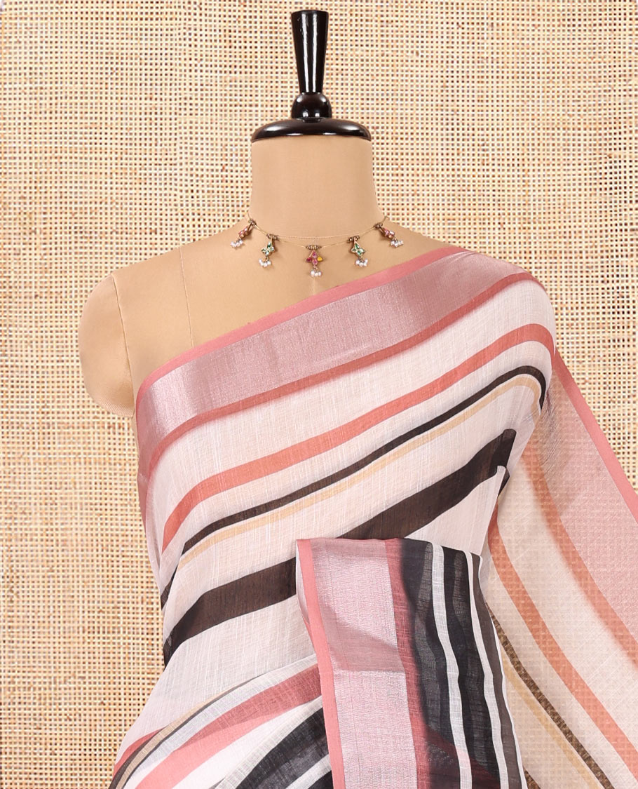White-Onion Pink Linen Cotton Saree Features Horizontal Stripes on Its Body, Complemented by a Contrast Zari Border, Multi-Color Striped Pallu, and Paired with a Contrast Blouse