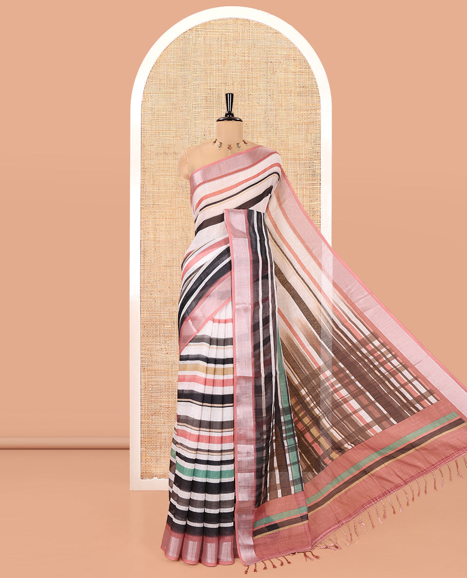 White-Onion Pink Linen Cotton Saree Features Horizontal Stripes on Its Body, Complemented by a Contrast Zari Border, Multi-Color Striped Pallu, and Paired with a Contrast Blouse
