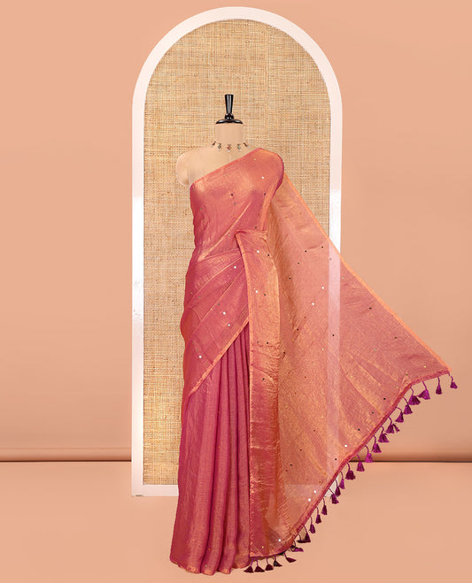 Borderless Onion Pink Fendy Chiffon Saree, Gleamed Up with Sequin Work on Its Body, Highlighted by a Self-Pallu of Sequin Work, and Paired with a Matching Blouse