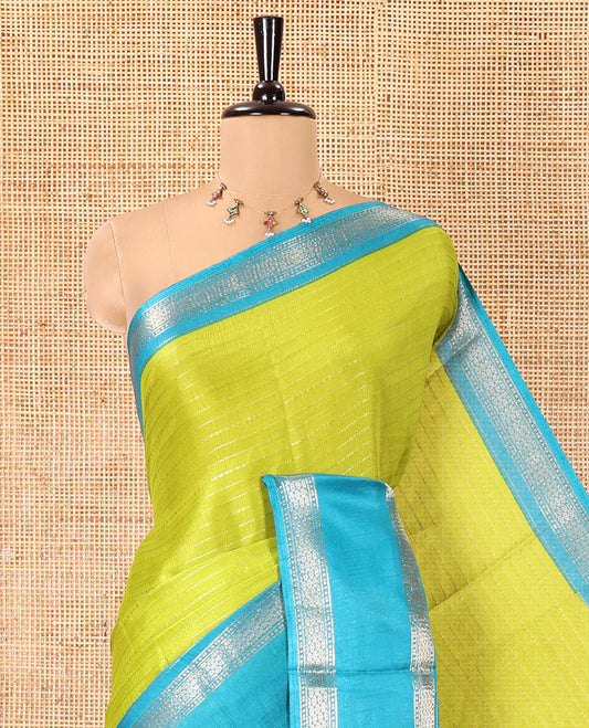 Parrot Green Dola Silk Saree, Ornamented with Zari Stripes, Contrast Traditional Zari Border, Striped Pallu, and a Contrast Blouse