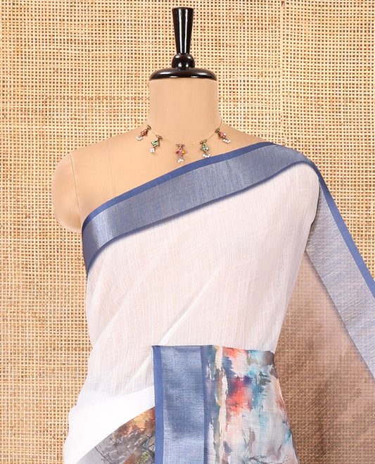 White-Brown Linen Cotton Saree, Meticulously Printed with Nature-Themed Scenery, Contrast Zari Border, and a Contrast Blouse