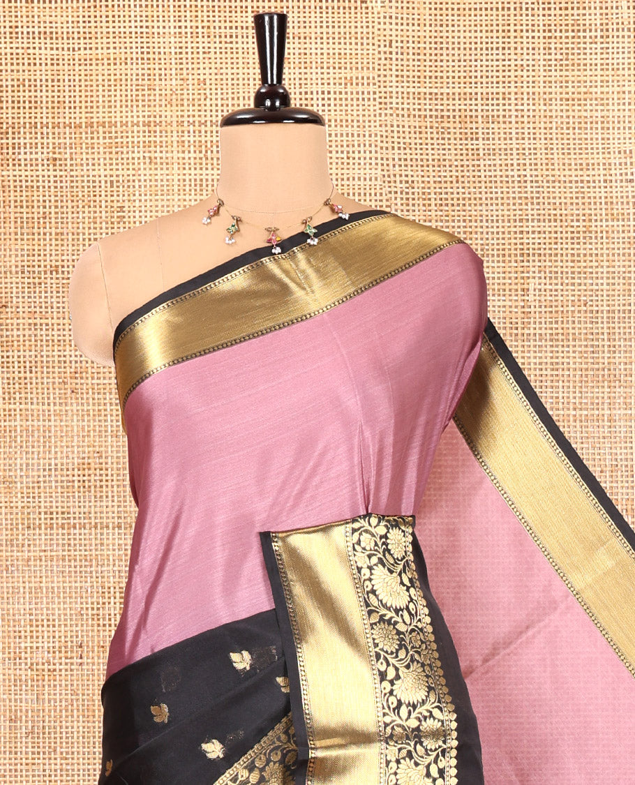 Pink and Black Banarasi Tissue Saree, Adorned with Half-And-Half-Style and Zari Buttas All Over Its Body, Complemented by a Contrast Traditional Zari Design Border, a Self-Pallu, and Paired with a Matching Blouse
