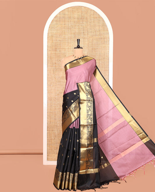 Pink and Black Banarasi Tissue Saree, Accentuated with Half-And-Half-Style Butta Woven on Its Body, Complemented by Contrast Traditional Zari Design Big Border, Striped Pallu, and Paired with a Contrast Blouse