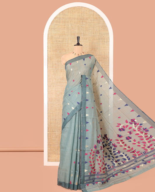 Green Jute Cotton Saree, Adorned with Diamond Meena Buttas, a Contrast Border, Jamdhani Floral Pallu, and a Contrast Blouse