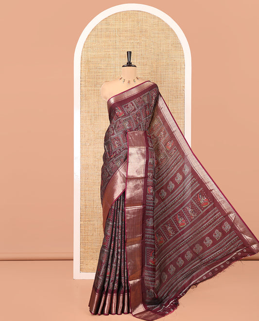 Wine Dola Silk Saree Features Kalamkari Peacock-Human Print, a Traditional Zari Border, Printed Pallu, and a Matching Blouse