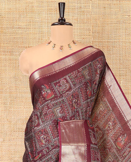 Wine Dola Silk Saree Features Kalamkari Peacock-Human Print, a Traditional Zari Border, Printed Pallu, and a Matching Blouse