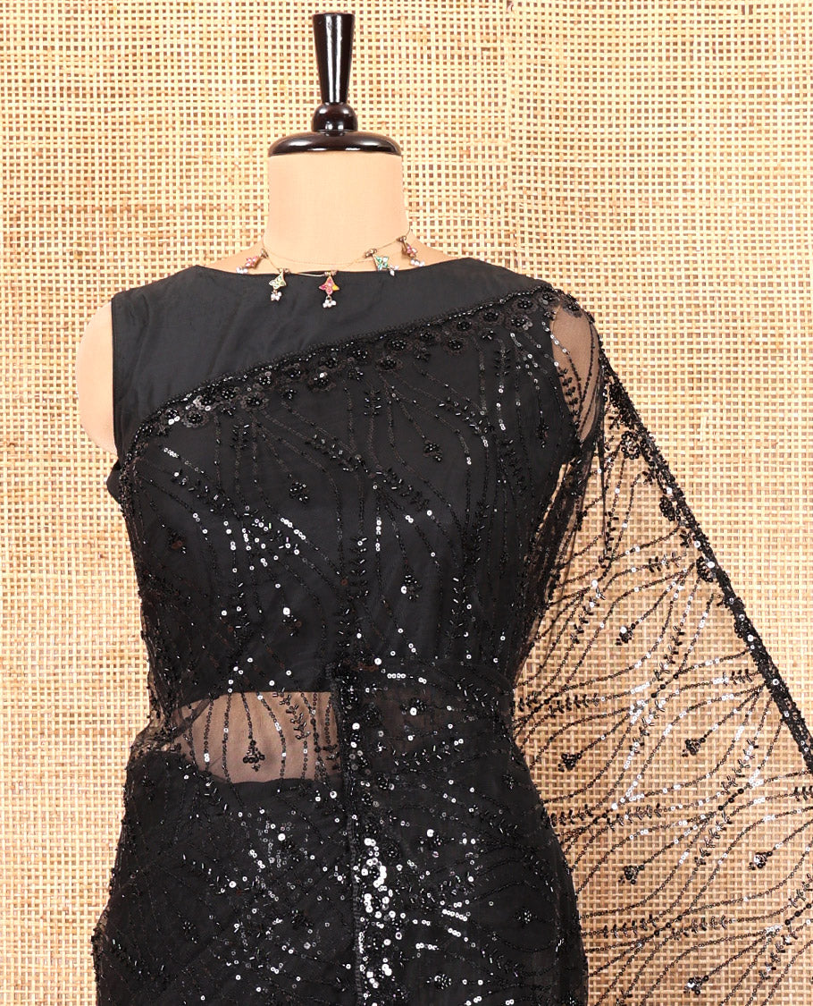 Black Net Saree, Spotlighted with Ogee Sequins Embroidery, a Scalloped Border, and Contrast Embroidered Blouse