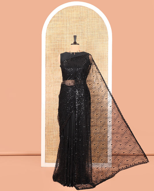 Black Net Saree, Spotlighted with Ogee Sequins Embroidery, a Scalloped Border, and Contrast Embroidered Blouse