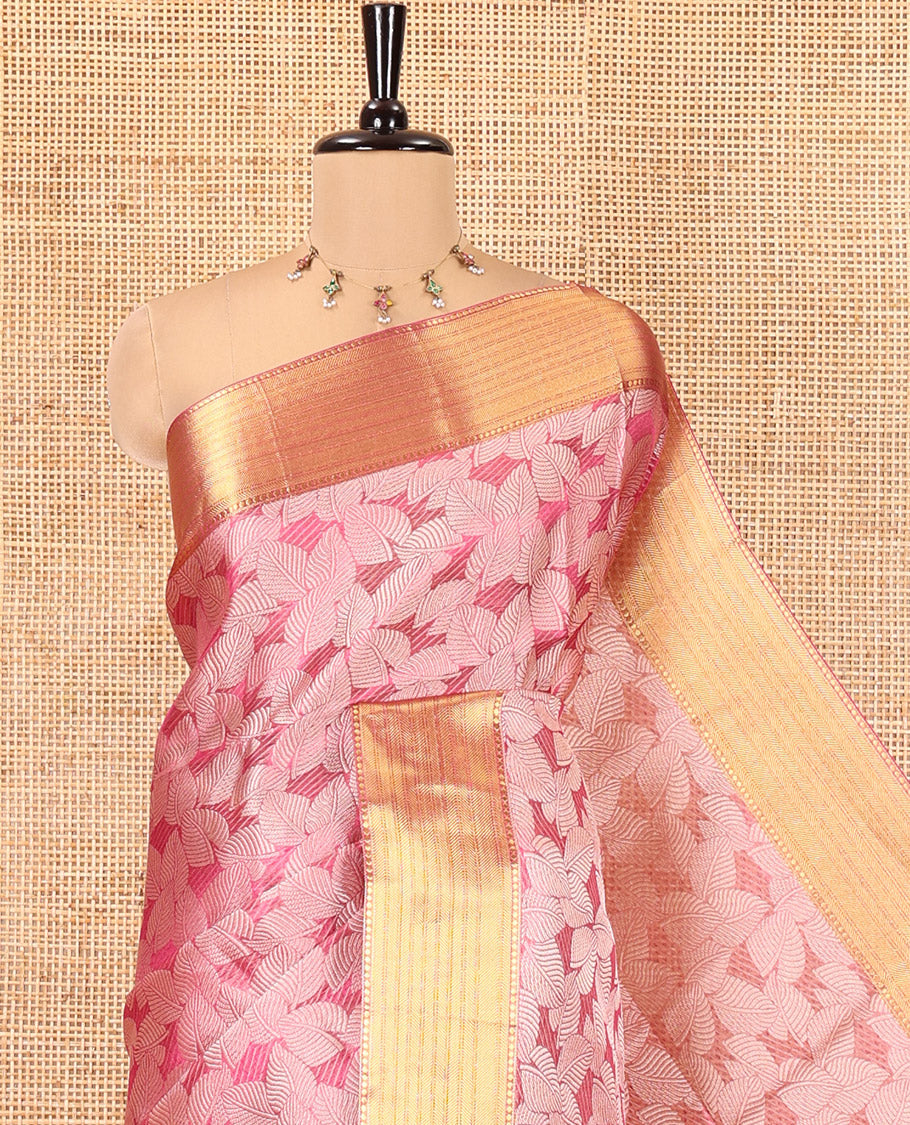 Onion Pink Tissue Saree, Gleamed Up with Leaf Jacquard Design, Zari Traditional Border, a Self-Pallu, and a Matching Blouse