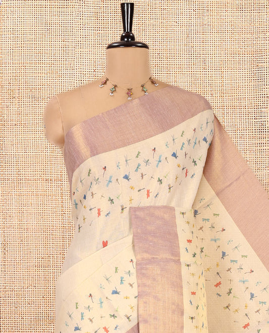 Gold Kerala Tissue Saree Features a Dragonfly Print, a Bavanji Border, a Contrast Pallu, and a Matching Blouse