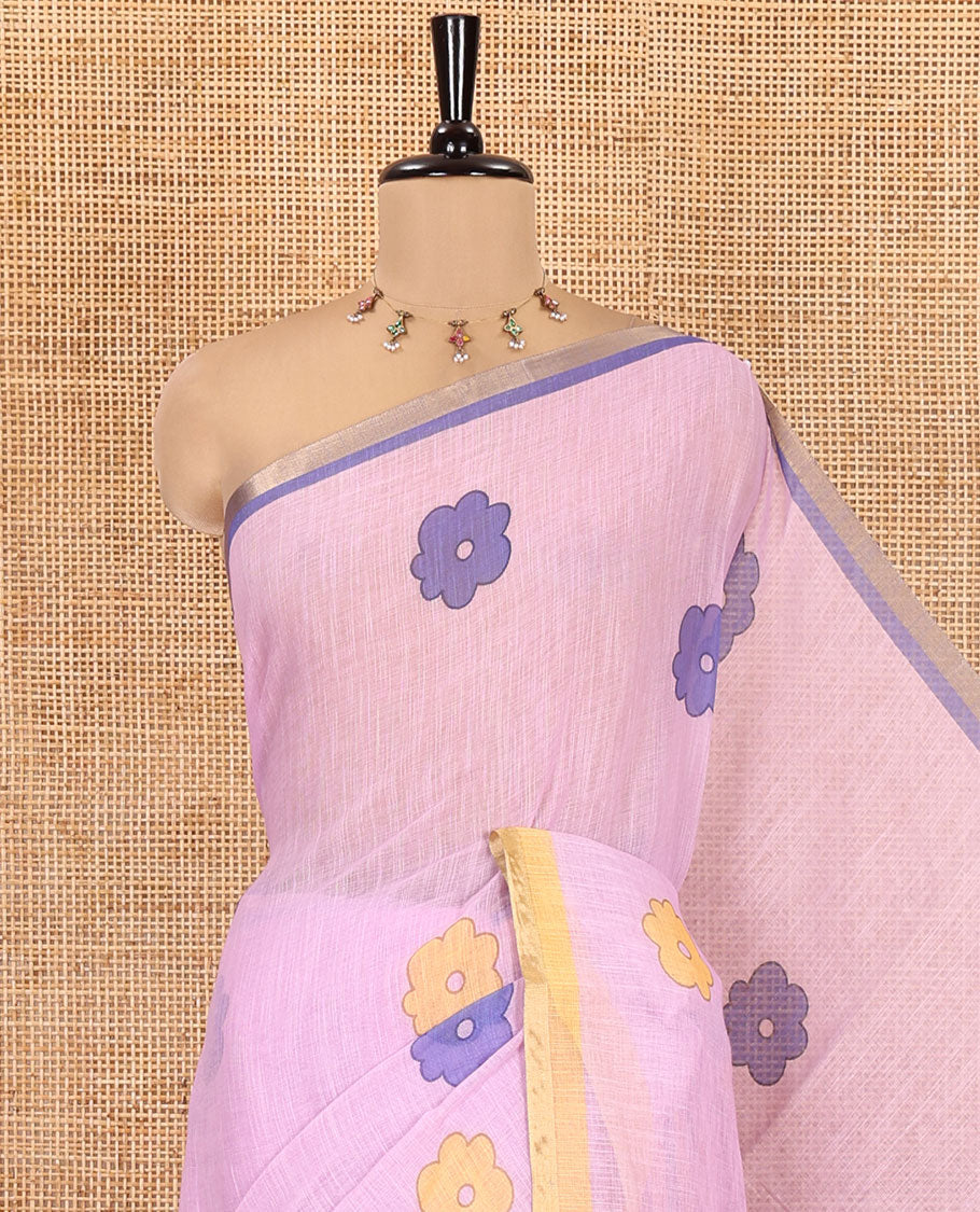 Lavender Linen Cotton Saree, Beautified with Flower Buttas, a Contrast Border, Multi-Color Striped Pallu, and a Contrast Blouse
