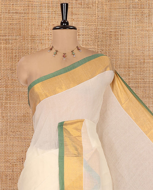 Cream-Green Plain Khadi Mul Cotton Saree, a Contrast Bavanji Zari Border, a Self-Pallu, and No Blouse