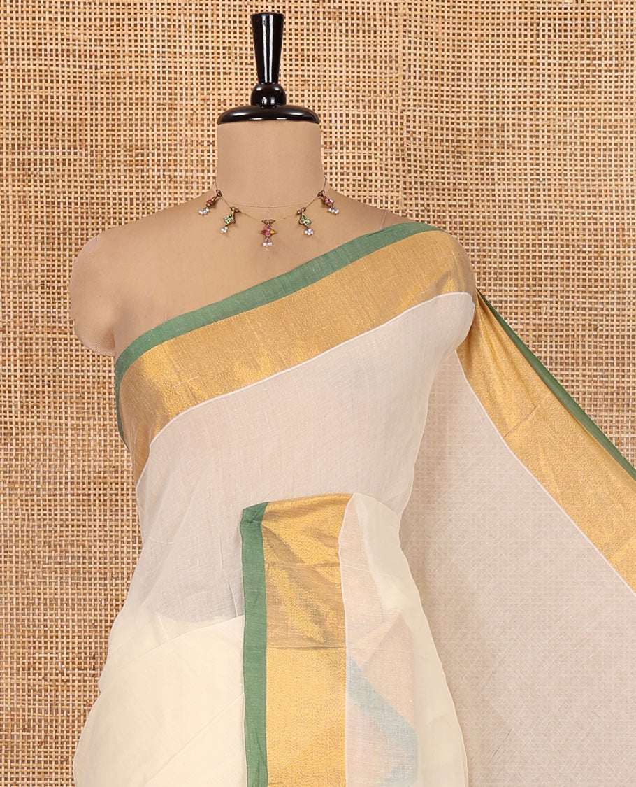Cream-Green Plain Khadi Mul Cotton Saree, a Contrast Bavanji Zari Border, a Self-Pallu, and No Blouse