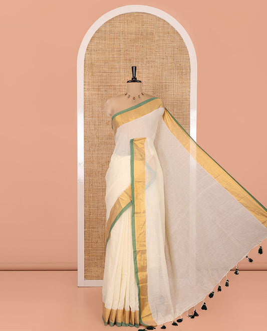 Cream-Green Plain Khadi Mul Cotton Saree, a Contrast Bavanji Zari Border, a Self-Pallu, and No Blouse