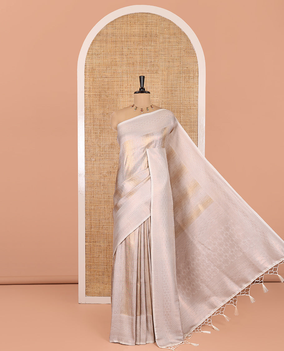 Cream Elite Soft Silk Saree, Gleamed up with Jacquard Design, Highlighted by Traditional Zari Border, Grand Pallu and a Matching Blouse