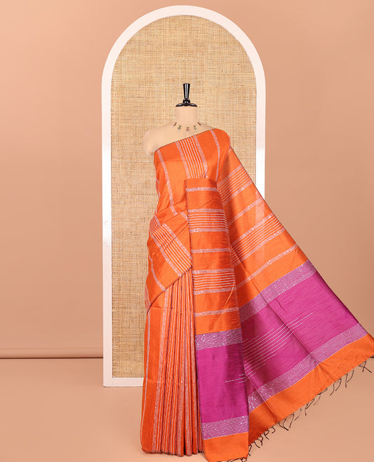 Borderless Rust Orange Semi-Raw Silk Saree, Decorated with Sequined Stripes, a Contrast Zari Striped Pallu, and Contrast Blouse