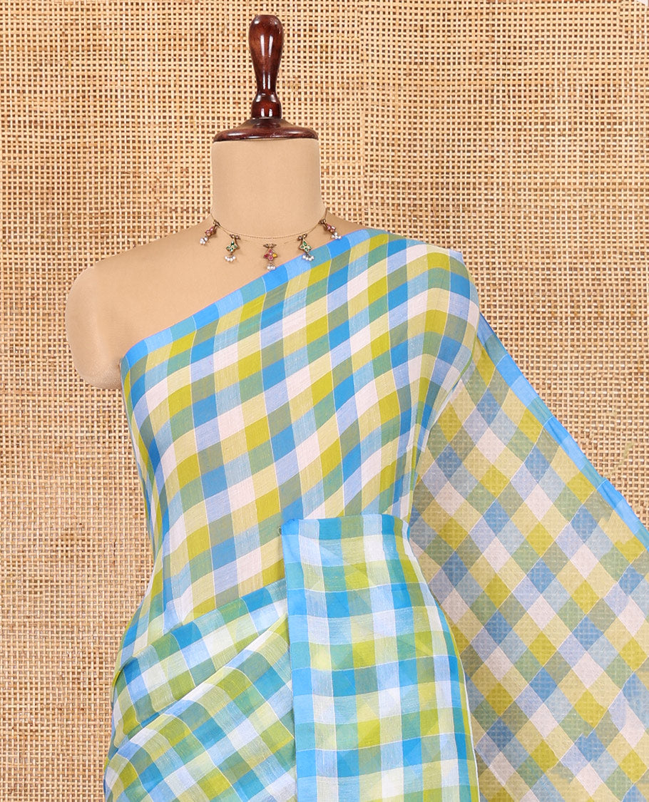 Borderless Blue-Yellow Khadi Mul Cotton Saree, Adorned with Madras Checks, Comes without Blouse