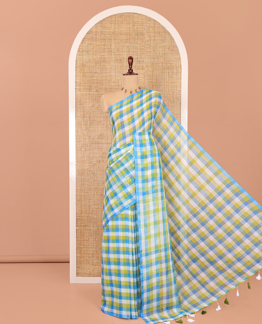 Borderless Blue-Yellow Khadi Mul Cotton Saree, Adorned with Madras Checks, Comes without Blouse