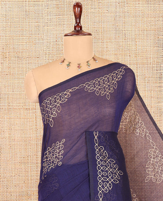 Borderless Navy Blue Khadi Mul Cotton Saree Features Kambi Kolam Motifs, a Self-Pallu, and No Blouse