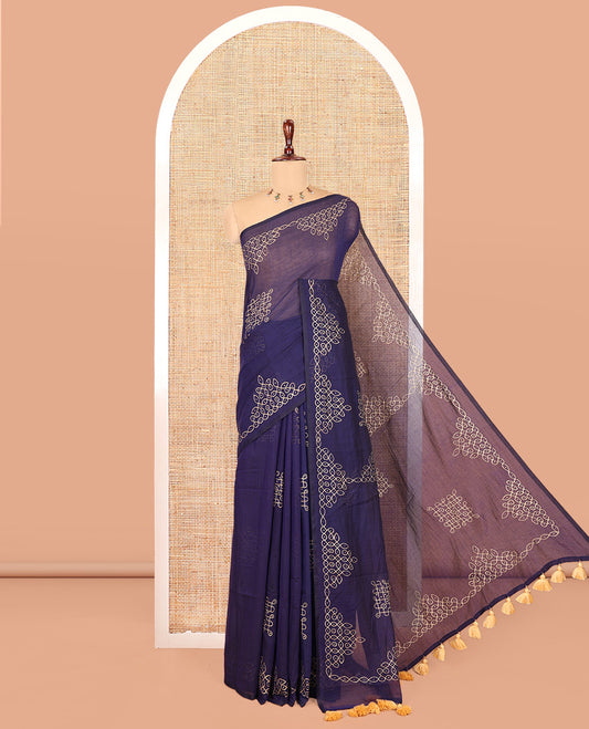 Borderless Navy Blue Khadi Mul Cotton Saree Features Kambi Kolam Motifs, a Self-Pallu, and No Blouse