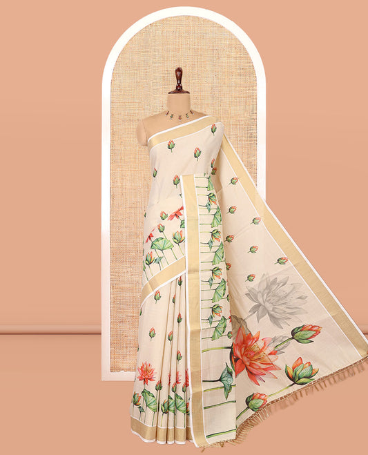 Cream Kerala Cotton Saree, Adorned with Pichwai Lotus Print, a Zari Border, Pichwai Lotus-Printed Pallu, and a Matching Blouse