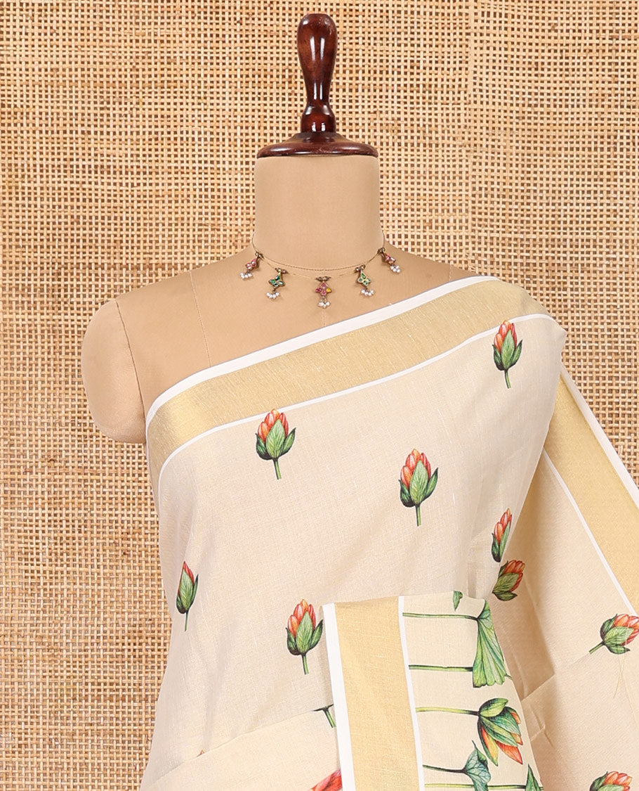 Cream Kerala Cotton Saree, Adorned with Pichwai Lotus Print, a Zari Border, Pichwai Lotus-Printed Pallu, and a Matching Blouse