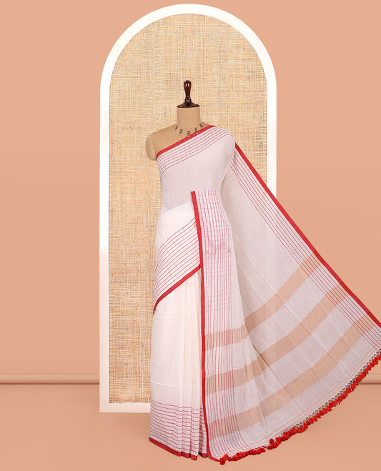 White Plain Khadi Mul Cotton Saree, Contrast Dobby-Style Buttas and Striped Border, and Gleaming Striped Pallu