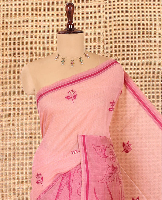 Pink Munga Cotton Saree, Beautified with Floral Buttas, a Contrast Floral-Bird Printed Border, and a Matching Blouse