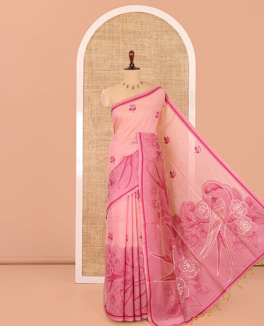 Pink Munga Cotton Saree, Beautified with Floral Buttas, a Contrast Floral-Bird Printed Border, and a Matching Blouse