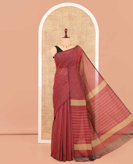 Borderless Maroon Chettinad Cotton Saree, Delicately Woven with Thread Stripes, a Self-Pallu, and No Blouse