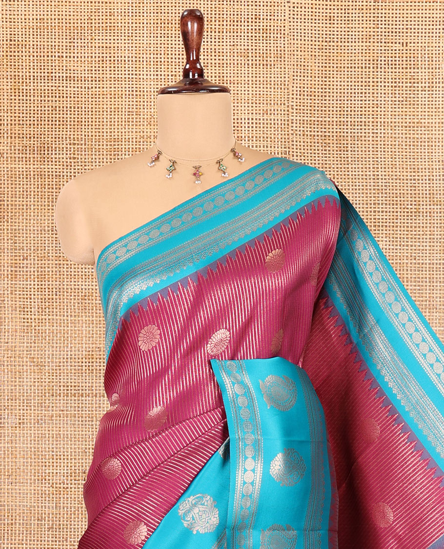 Magenta Kanchi Silk Saree, Elevated with Zari Buttas and Stripes, Contrast Traditional Zari Border, Jaal Pallu, a Contrast Blouse