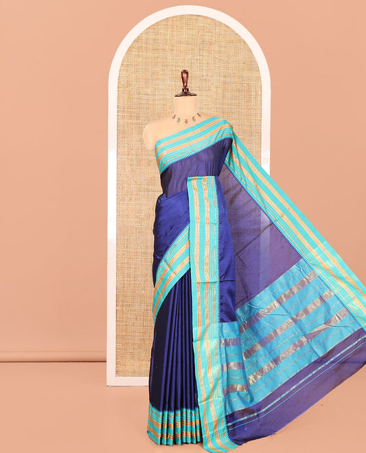 Royal Blue Plain Mercerised Cotton Saree, Contrast Traditional Thread Temple Border, Striped Pallu, and a Matching Blouse