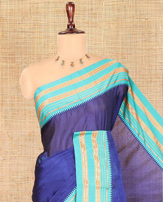 Royal Blue Plain Mercerised Cotton Saree, Contrast Traditional Thread Temple Border, Striped Pallu, and a Matching Blouse