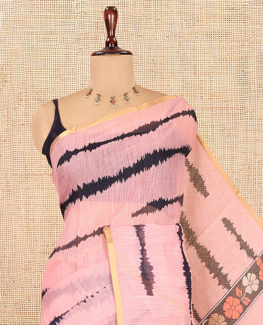 Peach Linen Cotton Saree, Adorned with Shibori Print, a Zari Piping Border, Floral-Peacock Motif Printed Pallu, and Matching Blouse