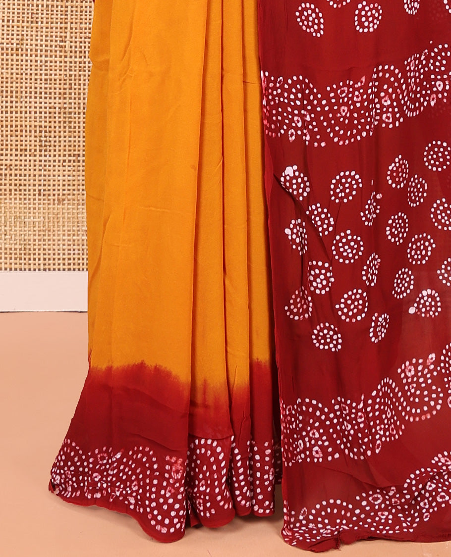 Black-Mustard Plain 60 Gm Georgette Saree, Contrast Batik Printed Border, Batik Printed Pallu, and a Matching Blouse