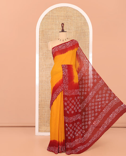 Black-Mustard Plain 60 Gm Georgette Saree, Contrast Batik Printed Border, Batik Printed Pallu, and a Matching Blouse
