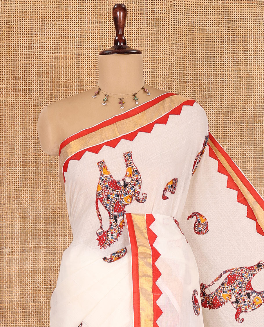 Cream-Red Kerala Cotton Saree, Elevated with Paisley-Horse Patch Applique Embroidery, a Contrast Temple Border, and Matching Blouse