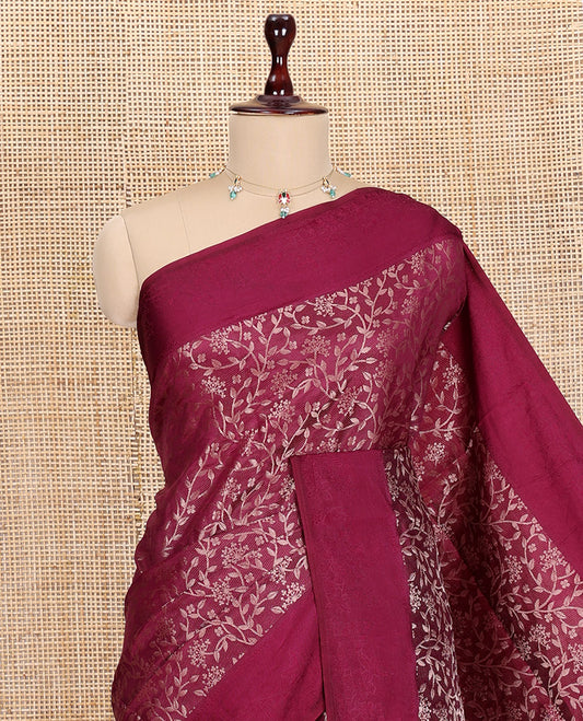 Purple Semi-Tussar Saree, Elevated with Floral Jacquard Design, an Embossed Border, a Floral Pallu, and a Matching Blouse