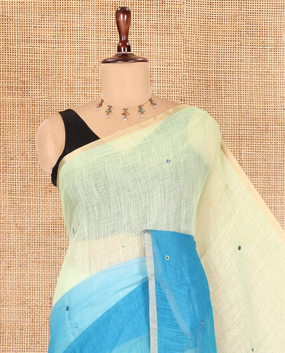 Blue Linen Cotton Saree Features Ombre-Style Dyed and Mirrorwork, a Subtle Piping Border, and a Matching Blouse