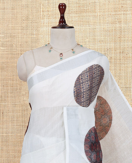 Cream Linen Cotton Saree, Elevated with Polka Dots Print, a Subtle Zari Border, Geometric Printed Pallu, and a Contrast Blouse